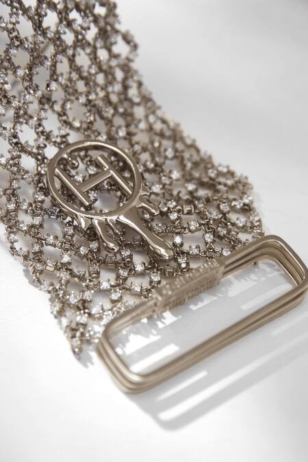 Shop_Outhouse_Silver Rhinestones Gauntlet Embellished Chainmail Gloves_Online_at_Aza_Fashions