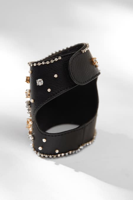 Outhouse_Black Crystals, Pearls Jewelled Leather Glovelettes _Online_at_Aza_Fashions