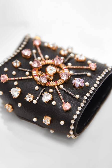 Buy_Outhouse_Black Crystals, Pearls Jewelled Leather Glovelettes _Online_at_Aza_Fashions