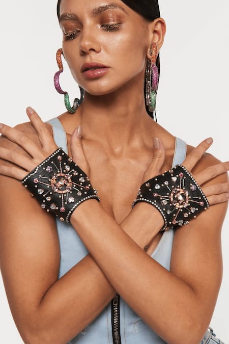 Shop_Outhouse_Black Crystals, Pearls Jewelled Leather Glovelettes _Online_at_Aza_Fashions