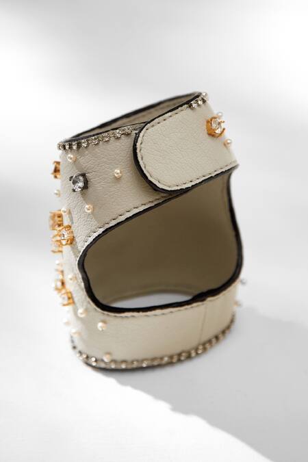 Outhouse_Grey Crystals, Pearls Jewelled Leather Glovelettes _Online_at_Aza_Fashions