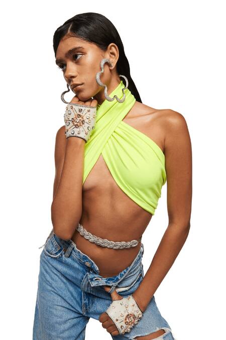 Buy_Outhouse_Grey Crystals, Pearls Jewelled Leather Glovelettes _Online_at_Aza_Fashions