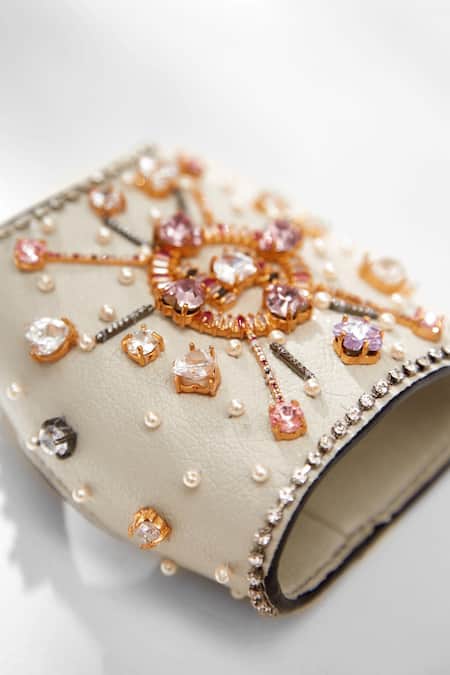 Outhouse_Grey Crystals, Pearls Jewelled Leather Glovelettes _at_Aza_Fashions