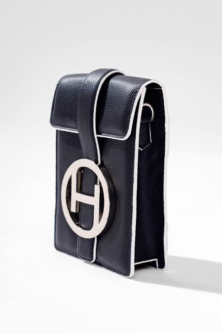 Buy_Outhouse_Black Logo Embedded Vegan Leather Messenger Bag_Online_at_Aza_Fashions