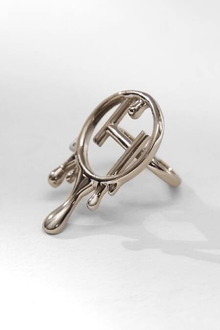 Outhouse_Silver Plated Oh Monogram Drip Ring_Online_at_Aza_Fashions