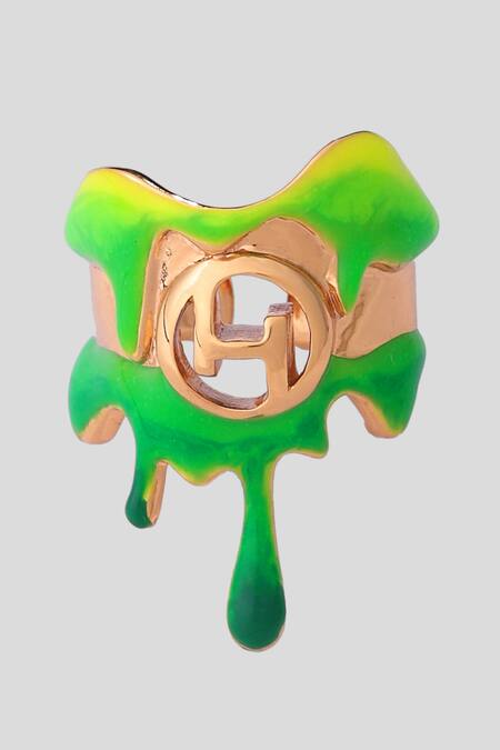 Shop Outhouse Green Cut Work Drip Oh Molten Ring at Aza Fashions Shop_Outhouse_Green Cut Work Drip Oh Molten Ring_at_Aza_Fashions