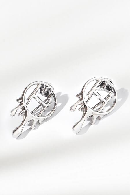 Outhouse_Silver Plated Cut Work Drip Oh Midi Earrings_Online_at_Aza_Fashions