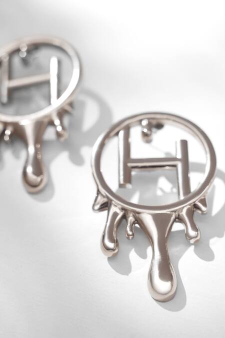 Outhouse_Silver Plated Cut Work Drip Oh Midi Earrings_at_Aza_Fashions