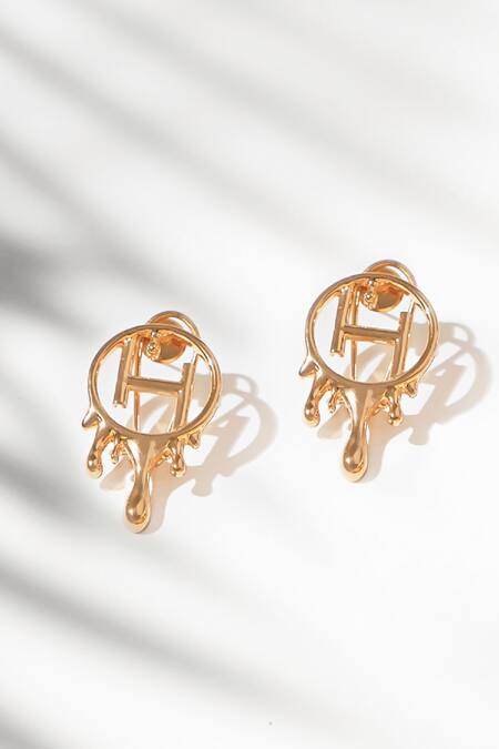 Outhouse_Gold Plated Cut Work Drip Oh Mini Earrings _Online_at_Aza_Fashions