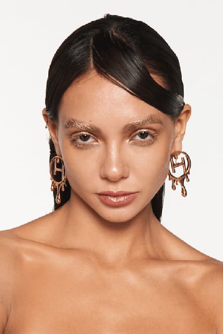 Outhouse_Gold Plated Cut Work Drip Oh Mini Earrings _at_Aza_Fashions