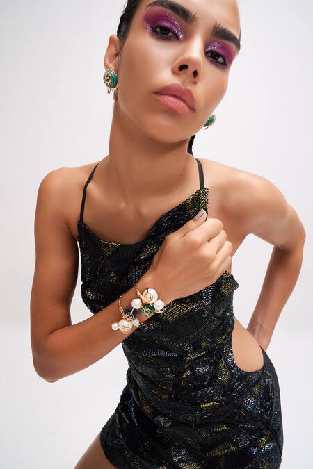 Outhouse_Gold Plated Stones Drip Oh Palescent Malachite Stud Earrings _Online_at_Aza_Fashions