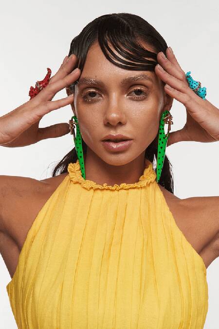 Outhouse_Green Crystals Gavi Spicule Leopard Enamel Earrings _Online_at_Aza_Fashions