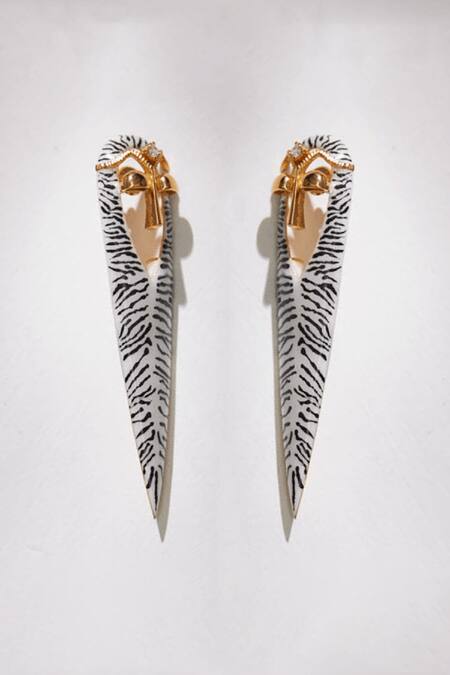 Buy_Outhouse_White Crystals Gavi Spicule Zebra Enamel Earrings _Online_at_Aza_Fashions