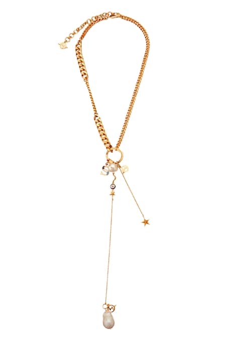 Shop Outhouse Gold Plated Charm Pendant Long Necklace at Aza Fashions Shop_Outhouse_Gold Plated Charm Pendant Long Necklace _at_Aza_Fashions