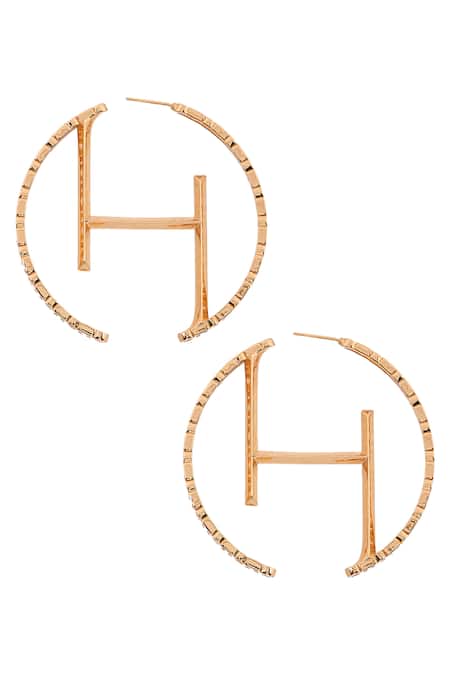 Shop Outhouse Gold Plated Cut Work Monogram Oversized Hoops at Aza Fashions Shop_Outhouse_Gold Plated Cut Work Monogram Oversized Hoops _at_Aza_Fashions