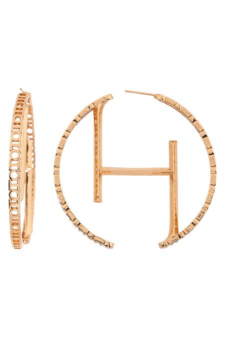 Outhouse Gold Plated Cut Work Monogram Oversized Hoops Online at Aza Fashions Outhouse_Gold Plated Cut Work Monogram Oversized Hoops _Online_at_Aza_Fashions