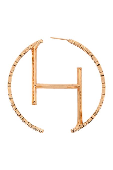Shop Outhouse Gold Plated Cut Work Monogram Oversized Hoops Online at Aza Fashions Shop_Outhouse_Gold Plated Cut Work Monogram Oversized Hoops _Online_at_Aza_Fashions
