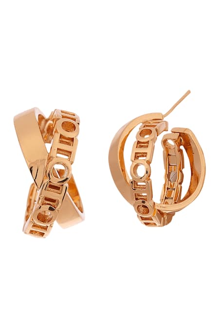 Shop Outhouse Gold Plated Cut Work Monogram Archway Double Hoops at Aza Fashions Shop_Outhouse_Gold Plated Cut Work Monogram Archway Double Hoops _at_Aza_Fashions