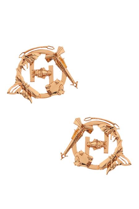 Shop Outhouse Gold Plated Monogram Statement Studs at Aza Fashions Shop_Outhouse_Gold Plated Monogram Statement Studs_at_Aza_Fashions