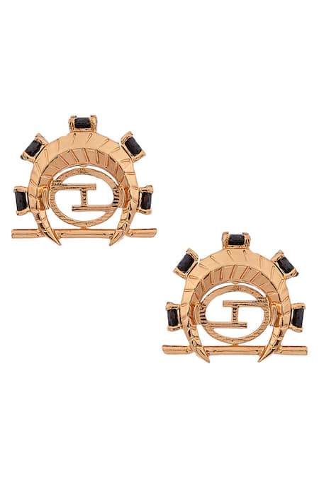 Shop Outhouse Gold Plated Stones Monogram Crescent Ear Studs at Aza Fashions Shop_Outhouse_Gold Plated Stones Monogram Crescent Ear Studs _at_Aza_Fashions
