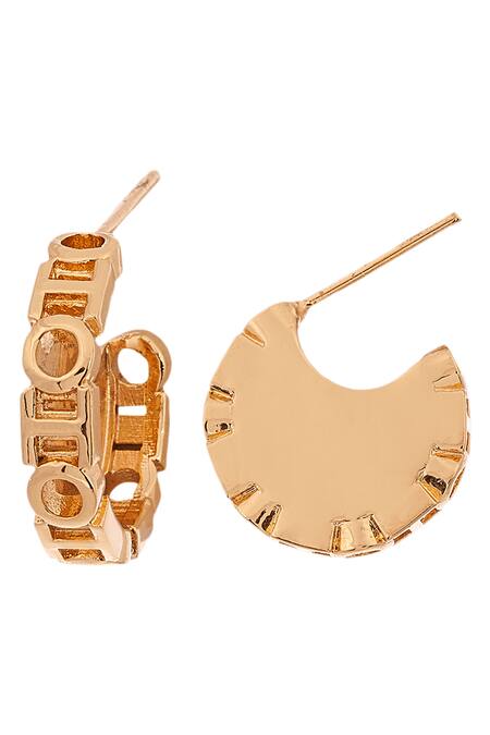 Outhouse_Gold Plated Monogram Crescent Hoop Studs_Online_at_Aza_Fashions