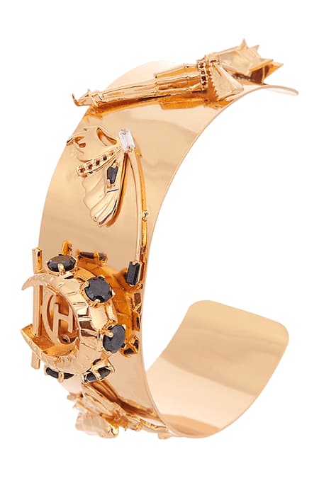Shop Outhouse Gold Plated Stones Monogram Wrist Cuff at Aza Fashions Shop_Outhouse_Gold Plated Stones Monogram Wrist Cuff _at_Aza_Fashions