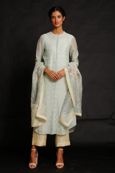 Oja Handloom Linen Silk Embroidered Kurta Set 