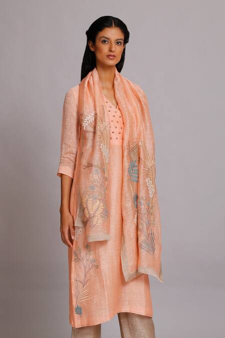 Oja Peach 30% Silk, 70% Linen Handloom Embroidered Kurta Set Online at Aza Fashions Oja_Peach 30% Silk, 70% Linen Handloom Embroidered Kurta Set _Online_at_Aza_Fashions