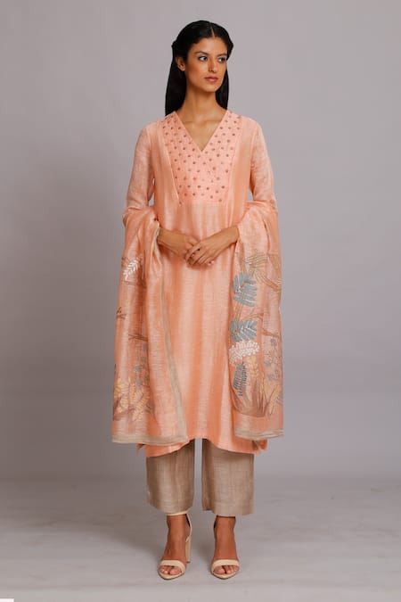 Oja Handloom Linen Silk Embroidered Kurta Set 