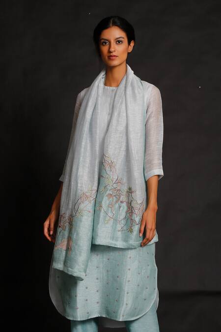 Buy Oja Blue 30% Silk, 70% Linen Handloom Embroidered Kurta Set Online at Aza Fashions Buy_Oja_Blue 30% Silk, 70% Linen Handloom Embroidered Kurta Set _Online_at_Aza_Fashions