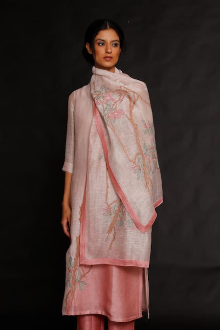 Oja Pink 30% Silk, 70% Linen Handloom Embroidered Kurta Set Online at Aza Fashions Oja_Pink 30% Silk, 70% Linen Handloom Embroidered Kurta Set _Online_at_Aza_Fashions