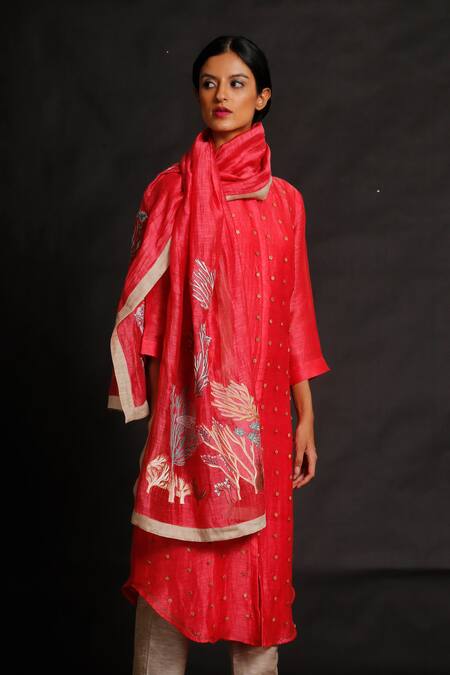 Shop Oja Red 30% Silk, 70% Linen Handloom Embroidered Kurta Set Online at Aza Fashions Shop_Oja_Red 30% Silk, 70% Linen Handloom Embroidered Kurta Set _Online_at_Aza_Fashions