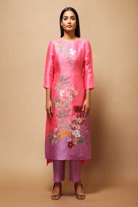 Shop Oja Pink 30% Silk, 70% Linen Handloom Applique Kurta And Pant Set at Aza Fashions Shop_Oja_Pink 30% Silk, 70% Linen Handloom Applique Kurta And Pant Set _at_Aza_Fashions