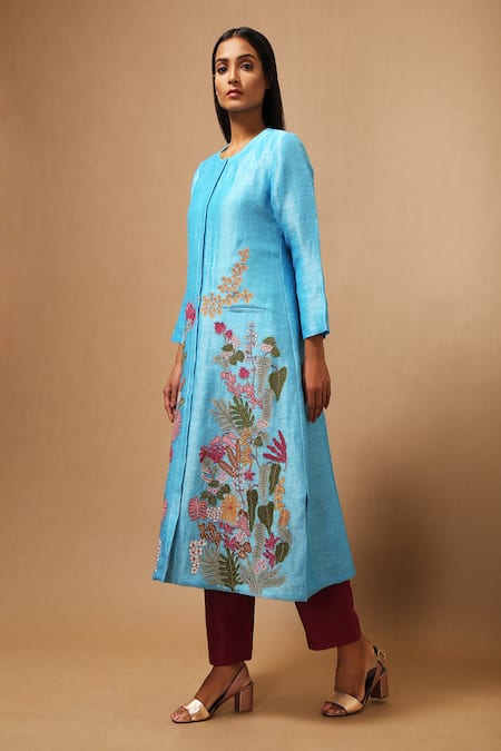 Shop Oja Blue 30% Silk, 70% Linen Handloom Applique Kurta And Pant Set at Aza Fashions Shop_Oja_Blue 30% Silk, 70% Linen Handloom Applique Kurta And Pant Set _at_Aza_Fashions
