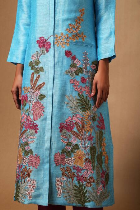 Buy Oja Blue 30% Silk, 70% Linen Handloom Applique Kurta And Pant Set Online at Aza Fashions Buy_Oja_Blue 30% Silk, 70% Linen Handloom Applique Kurta And Pant Set _Online_at_Aza_Fashions