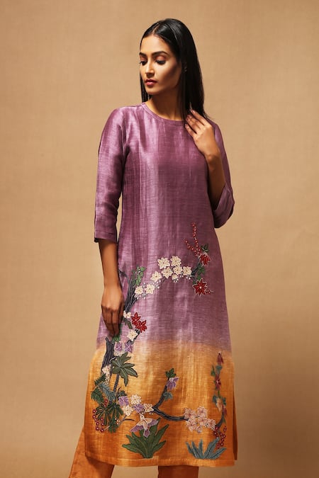 Shop Oja Purple 30% Silk, 70% Linen Handloom Applique Kurta And Pant Set at Aza Fashions Shop_Oja_Purple 30% Silk, 70% Linen Handloom Applique Kurta And Pant Set _at_Aza_Fashions