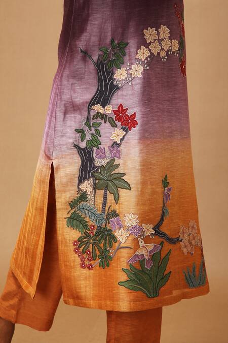 Oja Purple 30% Silk, 70% Linen Handloom Applique Kurta And Pant Set Online at Aza Fashions Oja_Purple 30% Silk, 70% Linen Handloom Applique Kurta And Pant Set _Online_at_Aza_Fashions