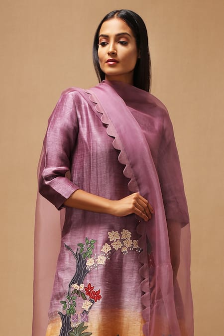 Shop Oja Purple 30% Silk, 70% Linen Handloom Applique Kurta Set at Aza Fashions Shop_Oja_Purple 30% Silk, 70% Linen Handloom Applique Kurta Set _at_Aza_Fashions