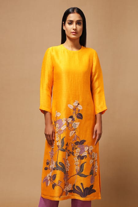 Shop Oja Yellow 30% Silk, 70% Linen Handloom Applique Kurta And Pant Set at Aza Fashions Shop_Oja_Yellow 30% Silk, 70% Linen Handloom Applique Kurta And Pant Set _at_Aza_Fashions