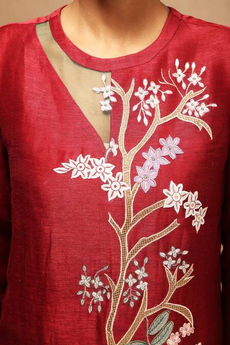 Buy Oja Maroon 30% Silk, 70% Linen Handloom Applique Kurta And Pant Set Online at Aza Fashions Buy_Oja_Maroon 30% Silk, 70% Linen Handloom Applique Kurta And Pant Set _Online_at_Aza_Fashions