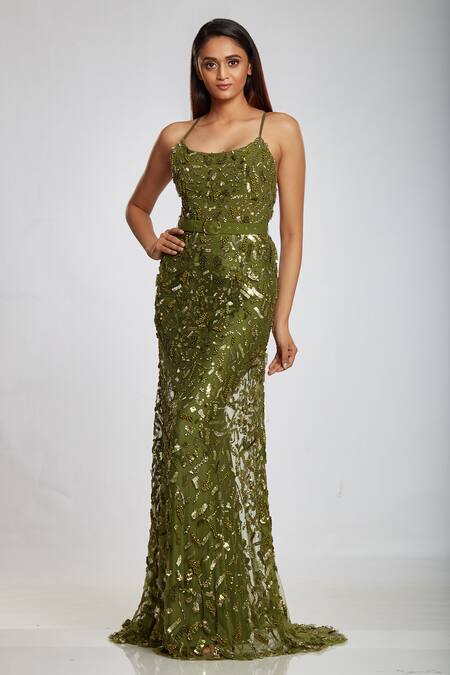 Ohaila Khan Green Tulle, Malai Crepe Round Embellished Backless Gown Online at Aza Fashions Ohaila Khan_Green Tulle, Malai Crepe Round Embellished Backless Gown _Online_at_Aza_Fashions