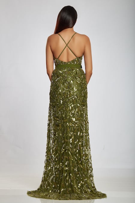 Shop Ohaila Khan Green Tulle, Malai Crepe Round Embellished Backless Gown at Aza Fashions Shop_Ohaila Khan_Green Tulle, Malai Crepe Round Embellished Backless Gown _at_Aza_Fashions