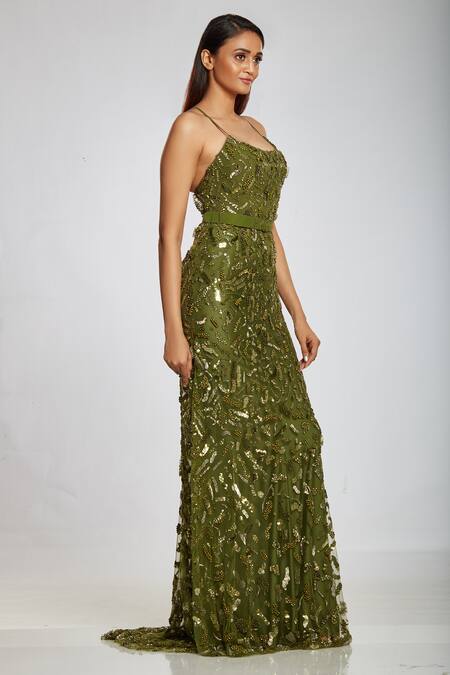 Buy Ohaila Khan Green Tulle, Malai Crepe Round Embellished Backless Gown Online at Aza Fashions Buy_Ohaila Khan_Green Tulle, Malai Crepe Round Embellished Backless Gown _Online_at_Aza_Fashions