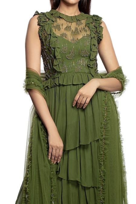 Shop Ohaila Khan Green Tulle, Georgette Round Ruffle Anarkali With Dupatta at Aza Fashions Shop_Ohaila Khan_Green Tulle, Georgette Round Ruffle Anarkali With Dupatta _at_Aza_Fashions