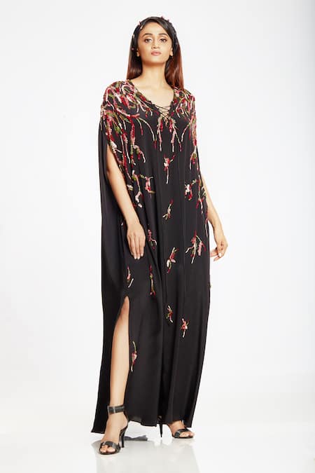 Buy Ohaila Khan Black Crepe V Neck Embellished Kaftan Online at Aza Fashions Buy_Ohaila Khan_Black Crepe V Neck Embellished Kaftan _Online_at_Aza_Fashions