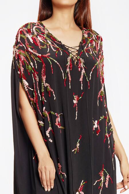Shop Ohaila Khan Black Crepe V Neck Embellished Kaftan Online at Aza Fashions Shop_Ohaila Khan_Black Crepe V Neck Embellished Kaftan _Online_at_Aza_Fashions