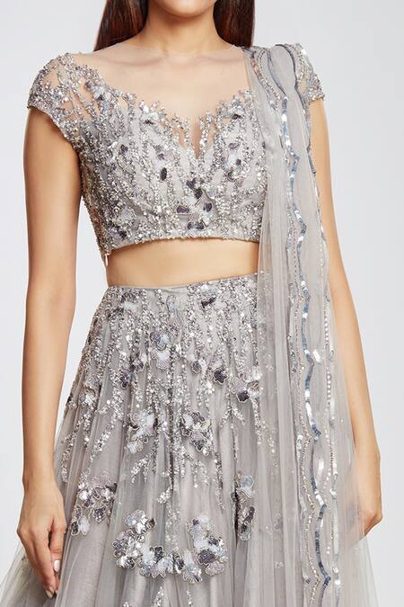 Buy_Ohaila Khan_Grey Embroidery V Neck Embellished Bridal Lehenga Set _Online_at_Aza_Fashions
