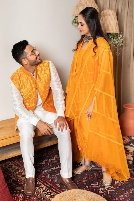 Shop_Ohaila Khan_Orange , Spun Textured Bundi _at_Aza_Fashions