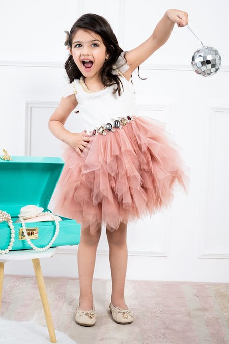 Hoity Moppet White Lace Embellished Stone Work Cascading Ruffle Dress 