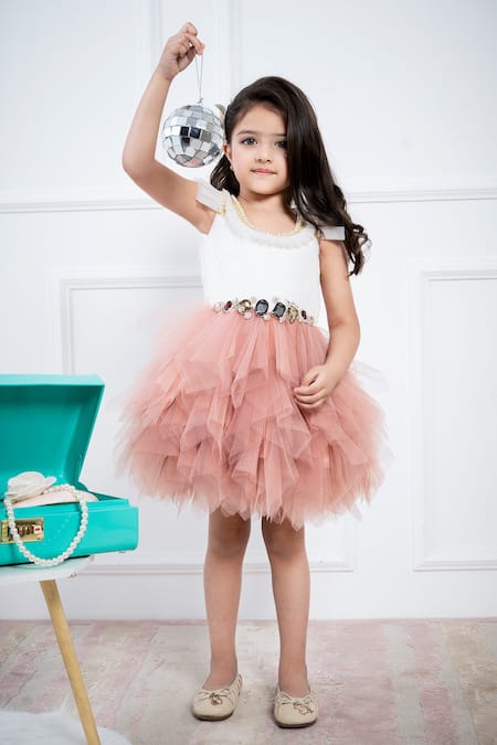 Shop Hoity Moppet White Tulle, Lace Stones, Pearls Cascading Ruffle Dress at Aza Fashions Shop_Hoity Moppet_White Tulle, Lace Stones, Pearls Cascading Ruffle Dress _at_Aza_Fashions